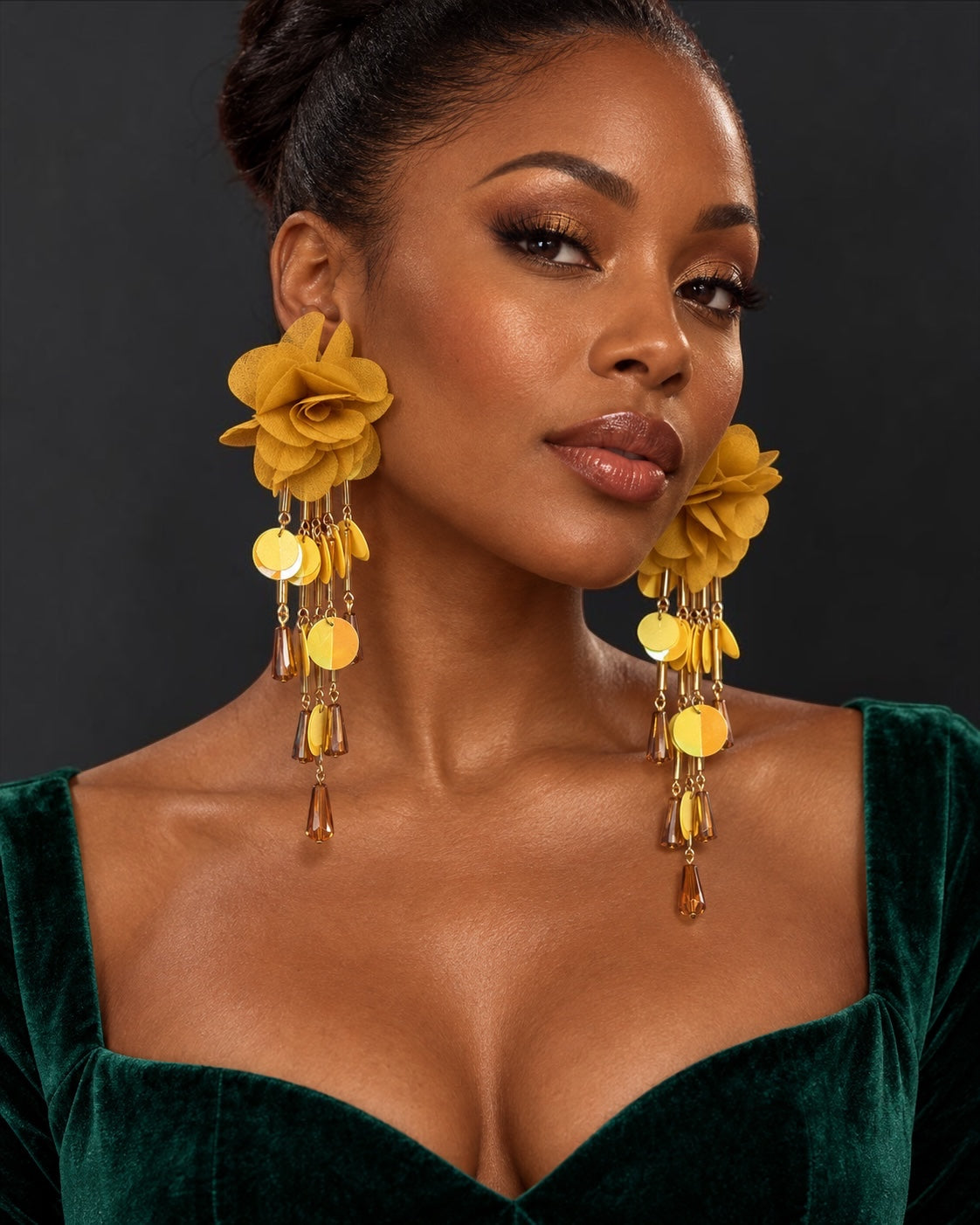 Long Iridescent Flower Sequin Tassel Drop Earrings - Fatisha Boutique Fatisha Boutique