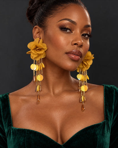 Long Iridescent Flower Sequin Tassel Drop Earrings - Fatisha Boutique