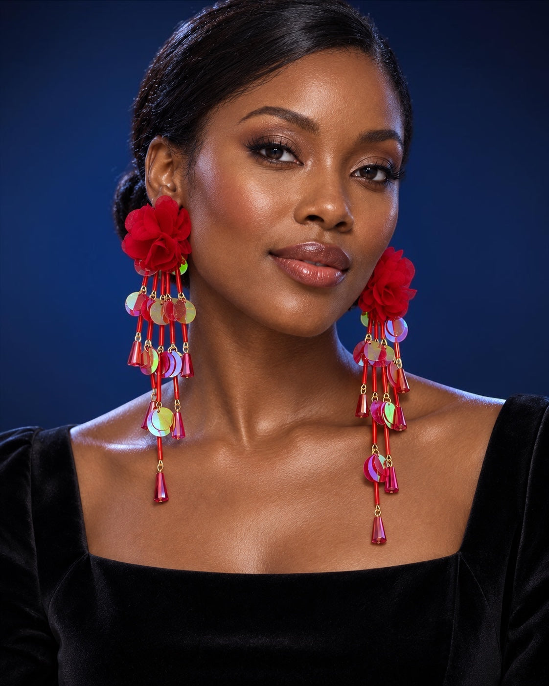 Long Iridescent Flower Sequin Tassel Drop Earrings - Fatisha Boutique Fatisha Boutique