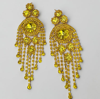 Long Rhinestone Tassel Chandelier Statement Earrings