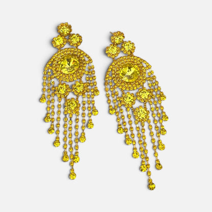 Long Rhinestone Tassel Chandelier Statement Earrings
