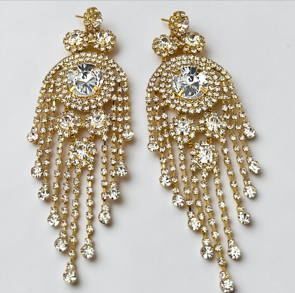 Long Rhinestone Tassel Chandelier Statement Earrings