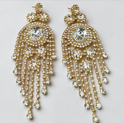 Long Rhinestone Tassel Chandelier Statement Earrings
