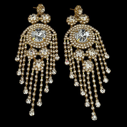 Long Rhinestone Tassel Chandelier Statement Earrings