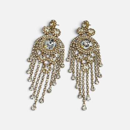 Long Rhinestone Tassel Chandelier Statement Earrings