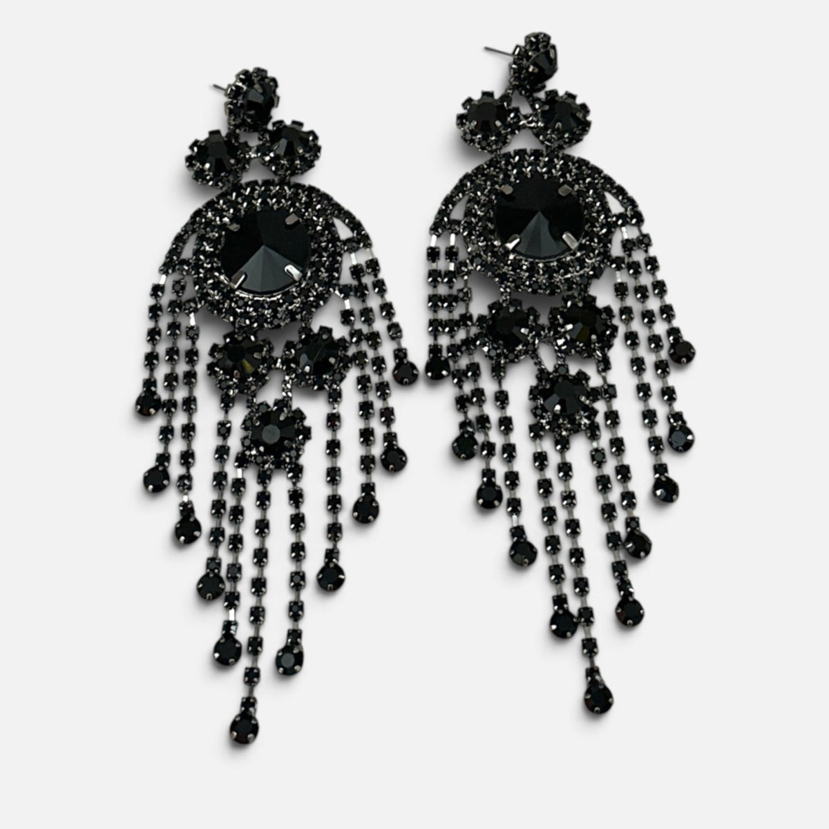 Long Rhinestone Tassel Chandelier Statement Earrings