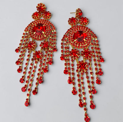 Long Rhinestone Tassel Chandelier Statement Earrings
