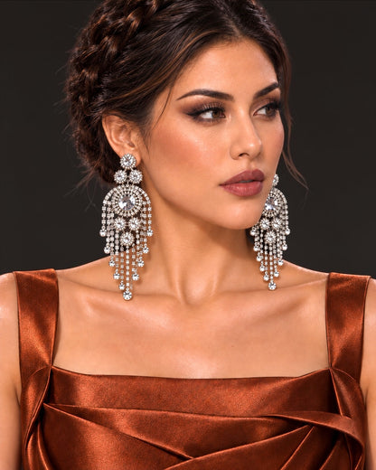 Long Rhinestone Tassel Chandelier Statement Earrings