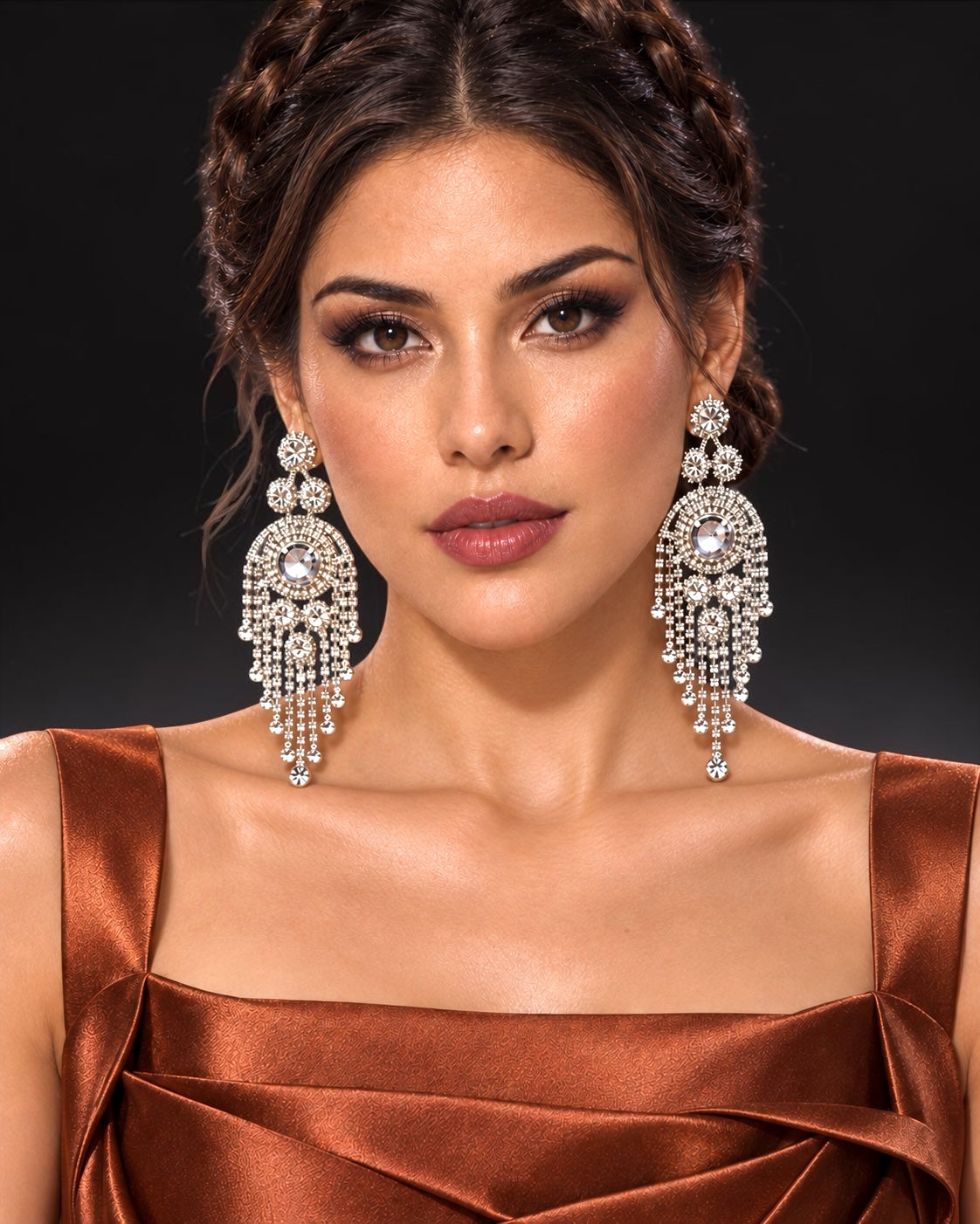 Long Rhinestone Tassel Chandelier Statement Earrings