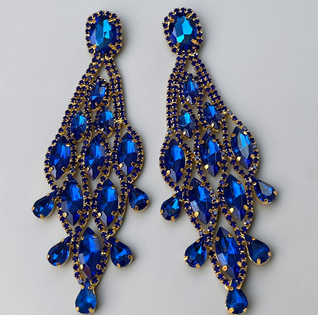 Long Royal Blue Rhinestone Chandelier Earrings - Fatisha Boutique