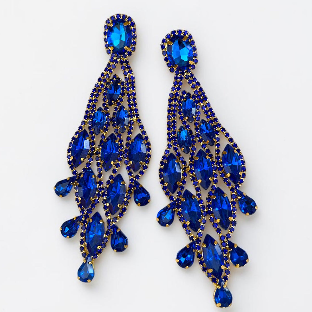 Long Royal Blue Rhinestone Chandelier Earrings - Fatisha Boutique