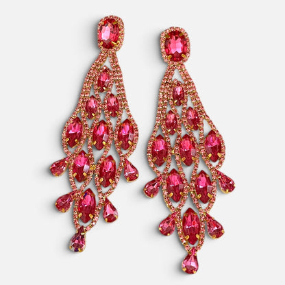 Long Pink Rhinestone Chandelier Statement Earrings - Fatisha Boutique