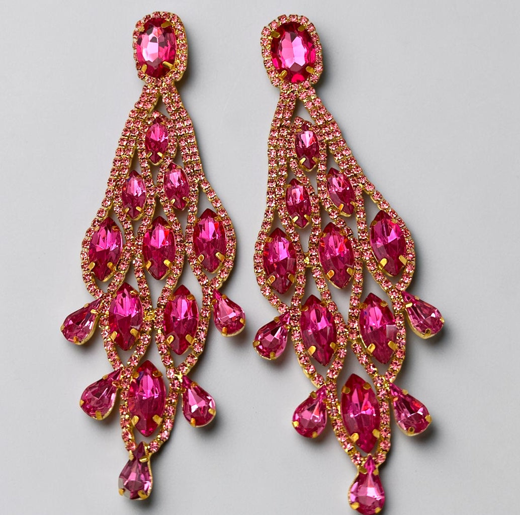 Long Pink Rhinestone Chandelier Statement Earrings - Fatisha Boutique Fatisha Boutique