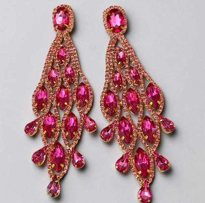 Long Pink Rhinestone Chandelier Statement Earrings - Fatisha Boutique
