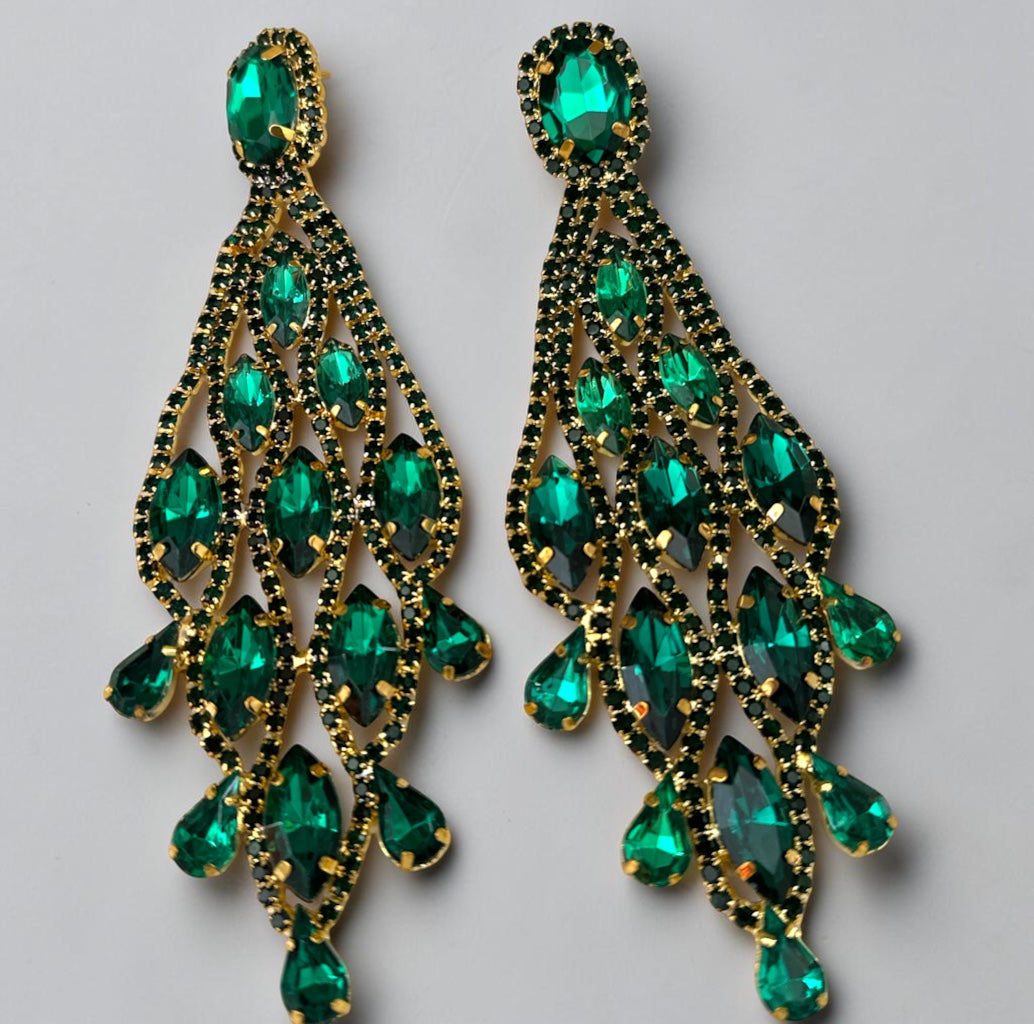 Long Emerald Green Rhinestone Chandelier Earrings - Fatisha Boutique Fatisha Boutique