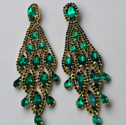 Long Emerald Green Rhinestone Chandelier Earrings - Fatisha Boutique