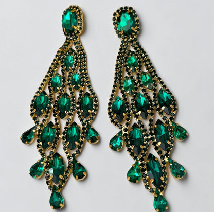 Long Emerald Green Rhinestone Chandelier Earrings - Fatisha Boutique