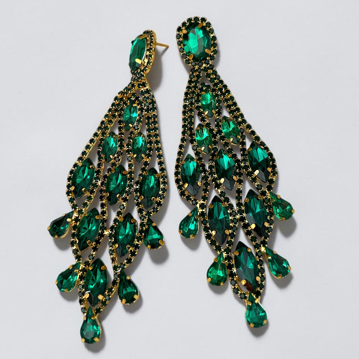 Long Emerald Green Rhinestone Chandelier Earrings - Fatisha Boutique