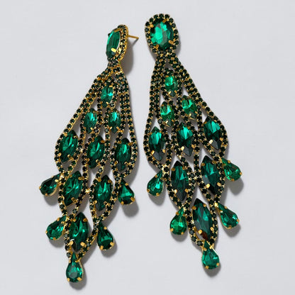 Long Emerald Green Rhinestone Chandelier Earrings - Fatisha Boutique