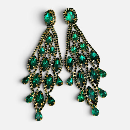 Long Emerald Green Rhinestone Chandelier Earrings - Fatisha Boutique