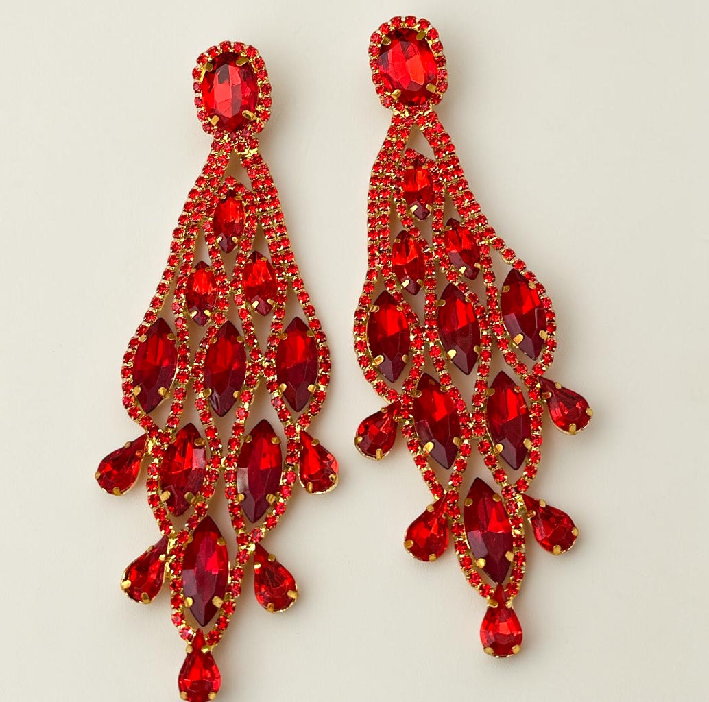 Long Red Rhinestone Chandelier Statement Earrings - Fatisha Boutique Fatisha Boutique