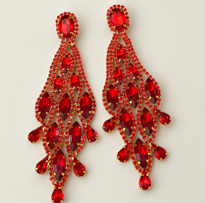 Long Red Rhinestone Chandelier Statement Earrings - Fatisha Boutique