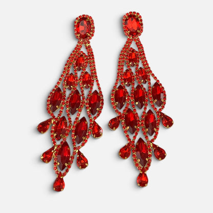 Long Red Rhinestone Chandelier Statement Earrings - Fatisha Boutique