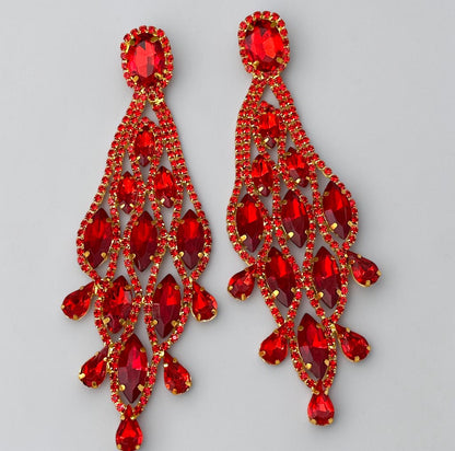 Long Red Rhinestone Chandelier Statement Earrings - Fatisha Boutique