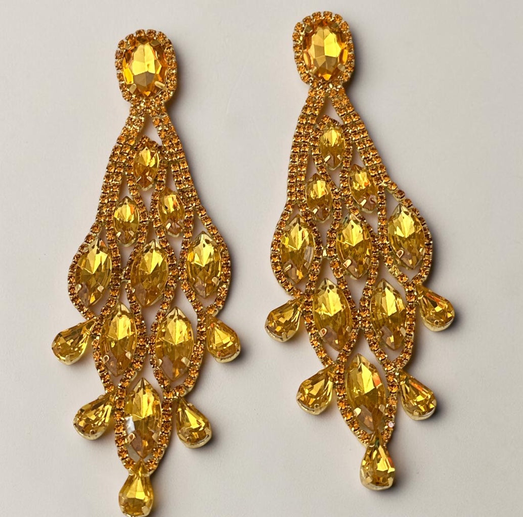 Long Golden Yellow Rhinestone Chandelier Earrings - Fatisha Boutique