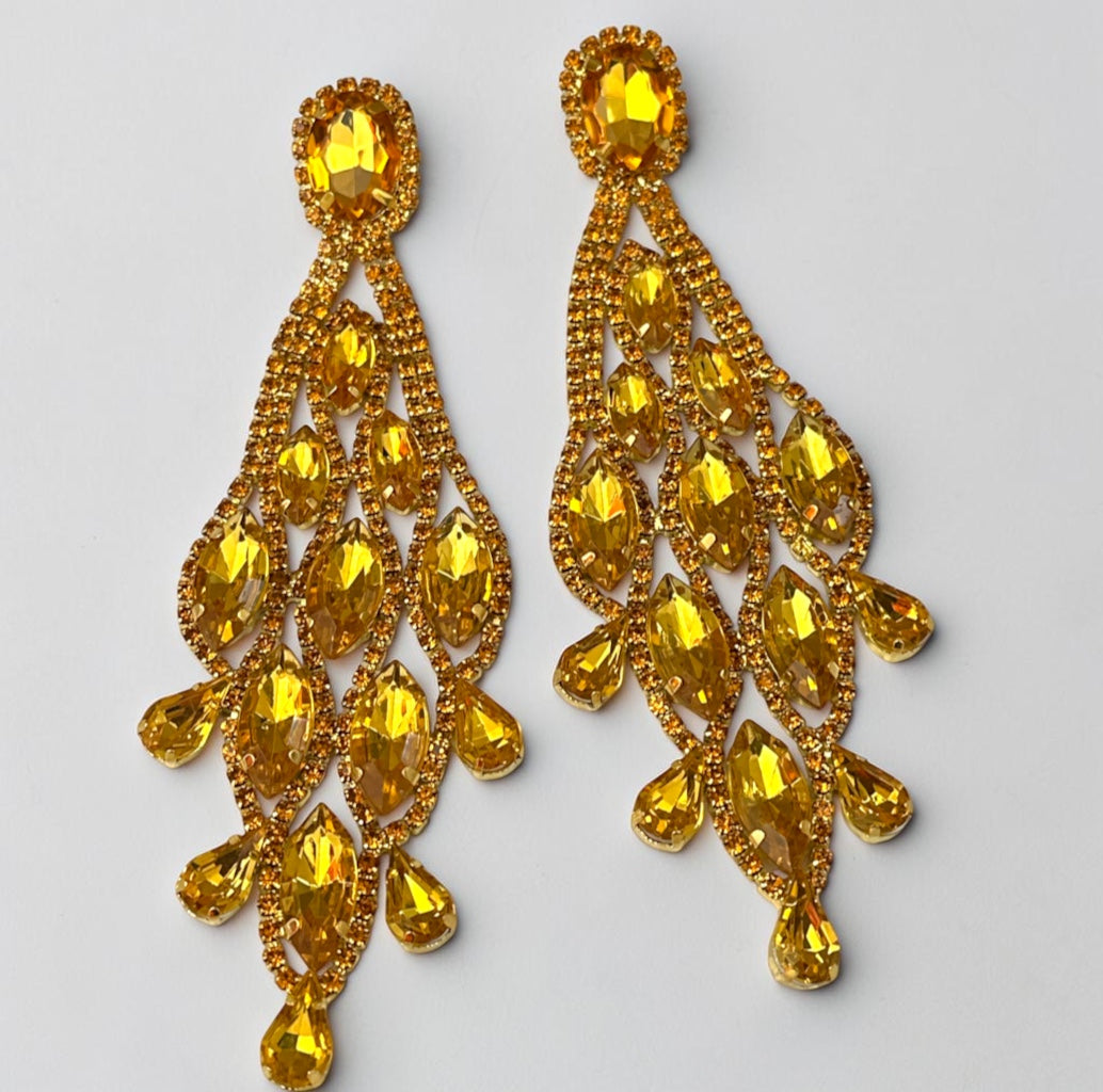 Long Golden Yellow Rhinestone Chandelier Earrings - Fatisha Boutique Fatisha Boutique
