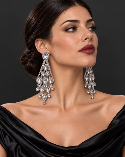 Long Clear Rhinestone Chandelier Statement Earrings - Fatisha Boutique