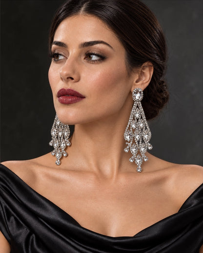 Long Clear Rhinestone Chandelier Statement Earrings - Fatisha Boutique