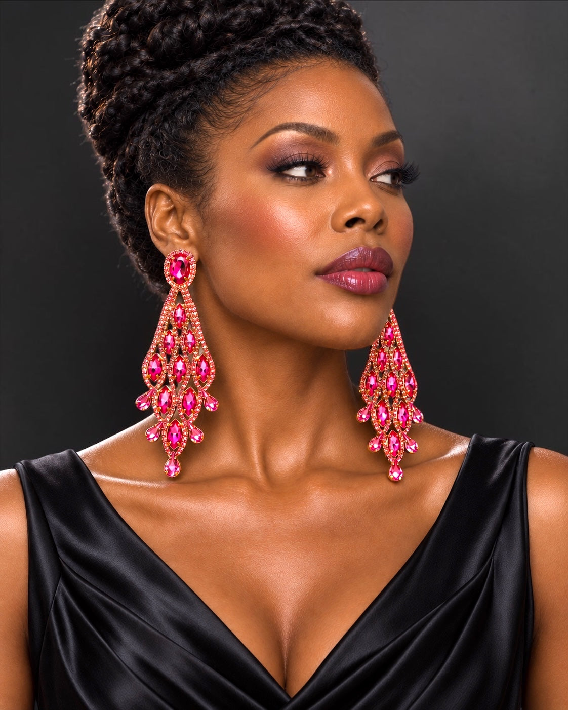 Long Pink Rhinestone Chandelier Statement Earrings - Fatisha Boutique