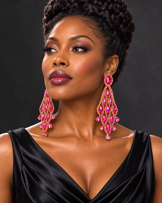 Long Pink Rhinestone Chandelier Statement Earrings - Fatisha Boutique