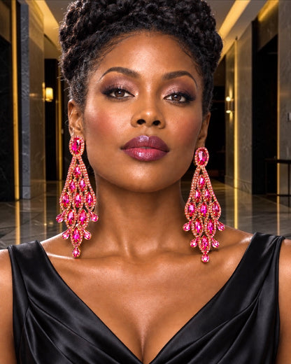 Long Pink Rhinestone Chandelier Statement Earrings - Fatisha Boutique