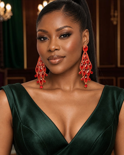 Long Red Rhinestone Chandelier Statement Earrings - Fatisha Boutique