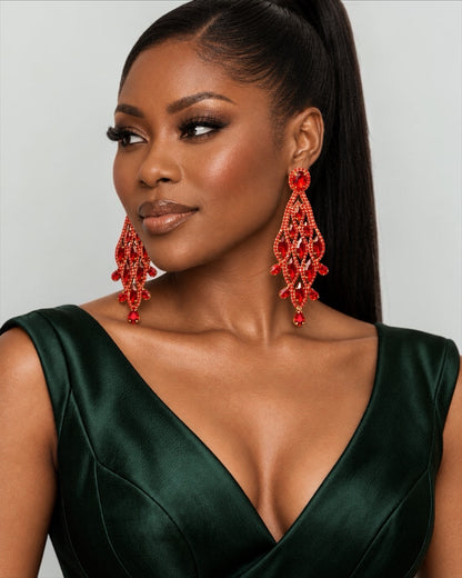 Long Red Rhinestone Chandelier Statement Earrings - Fatisha Boutique