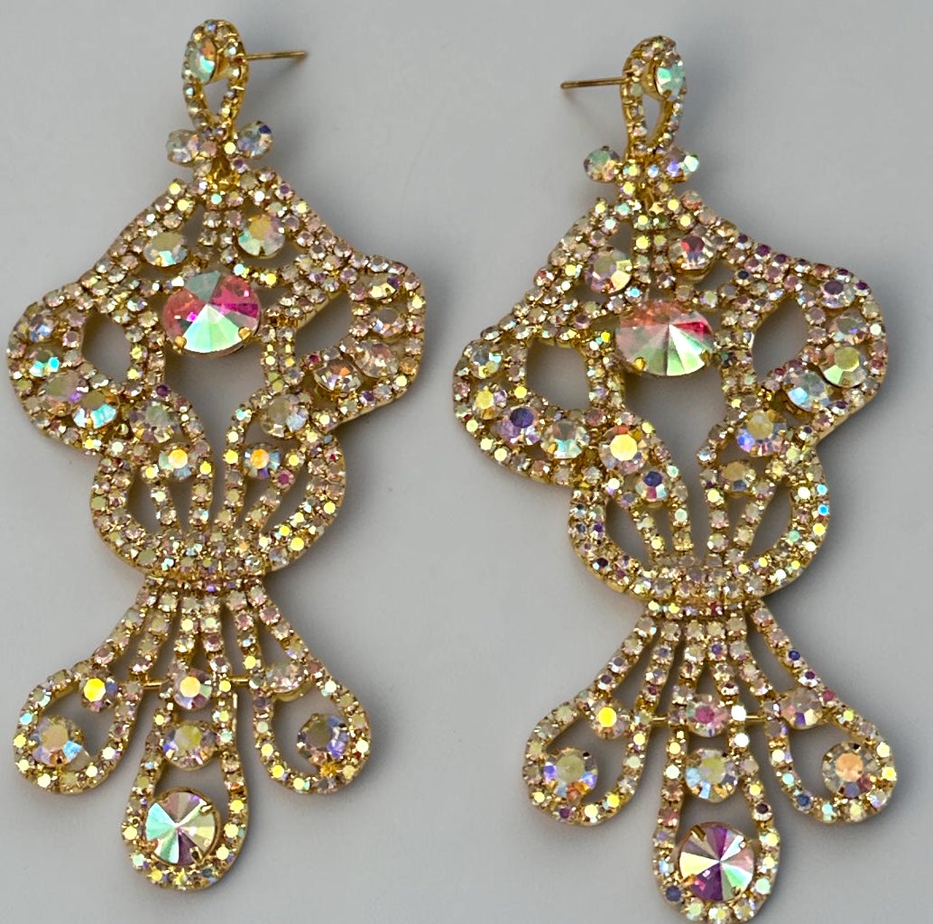 Long AB Gold Rhinestone Chandelier Statement Earrings - Fatisha Boutique Fatisha Boutique
