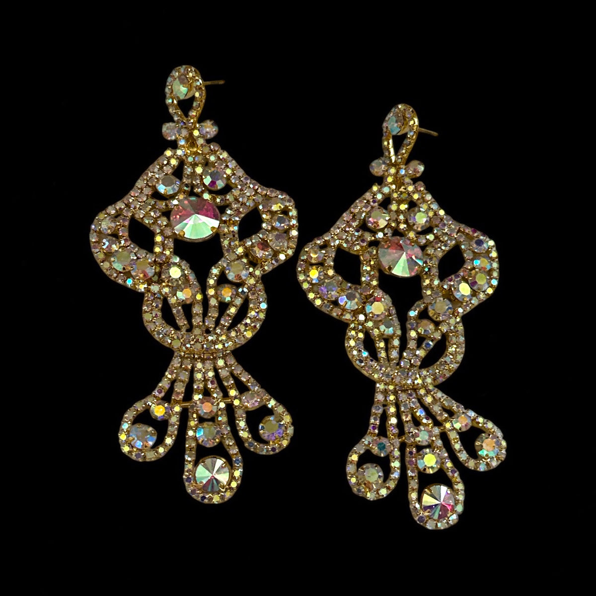 Long AB Gold Rhinestone Chandelier Statement Earrings - Fatisha Boutique Fatisha Boutique