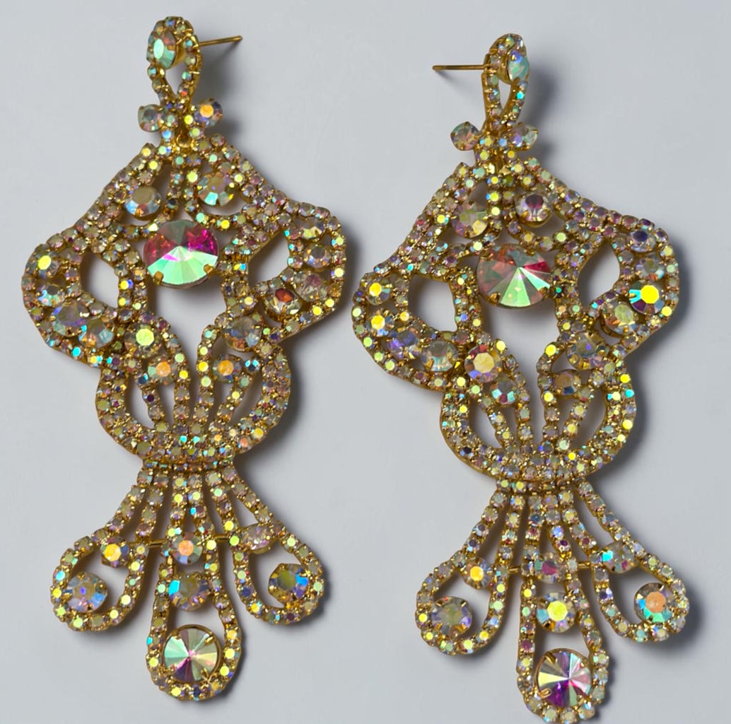 Long AB Gold Rhinestone Chandelier Statement Earrings - Fatisha Boutique Fatisha Boutique