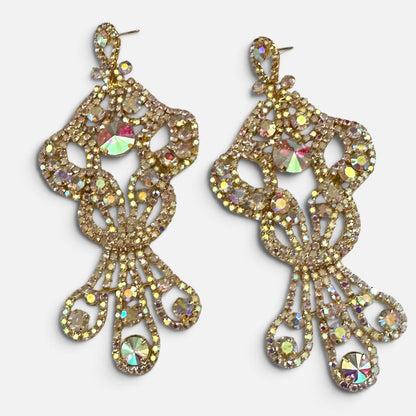 Long AB Gold Rhinestone Chandelier Statement Earrings - Fatisha Boutique