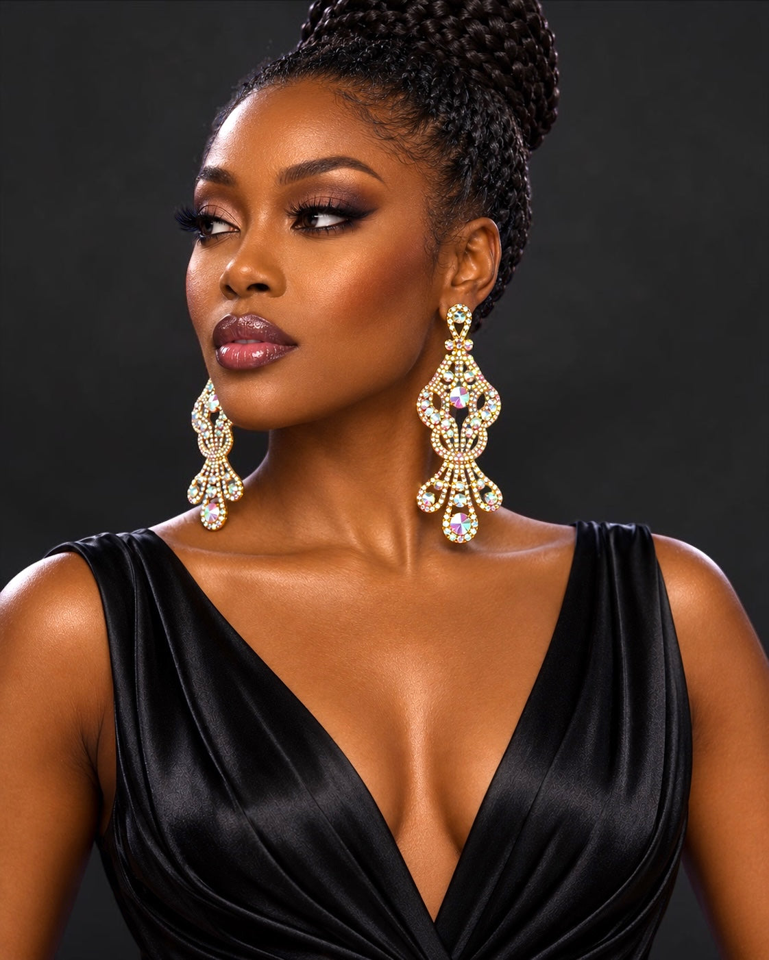 Long AB Gold Rhinestone Chandelier Statement Earrings - Fatisha Boutique Fatisha Boutique