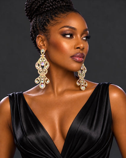 Long AB Gold Rhinestone Chandelier Statement Earrings - Fatisha Boutique
