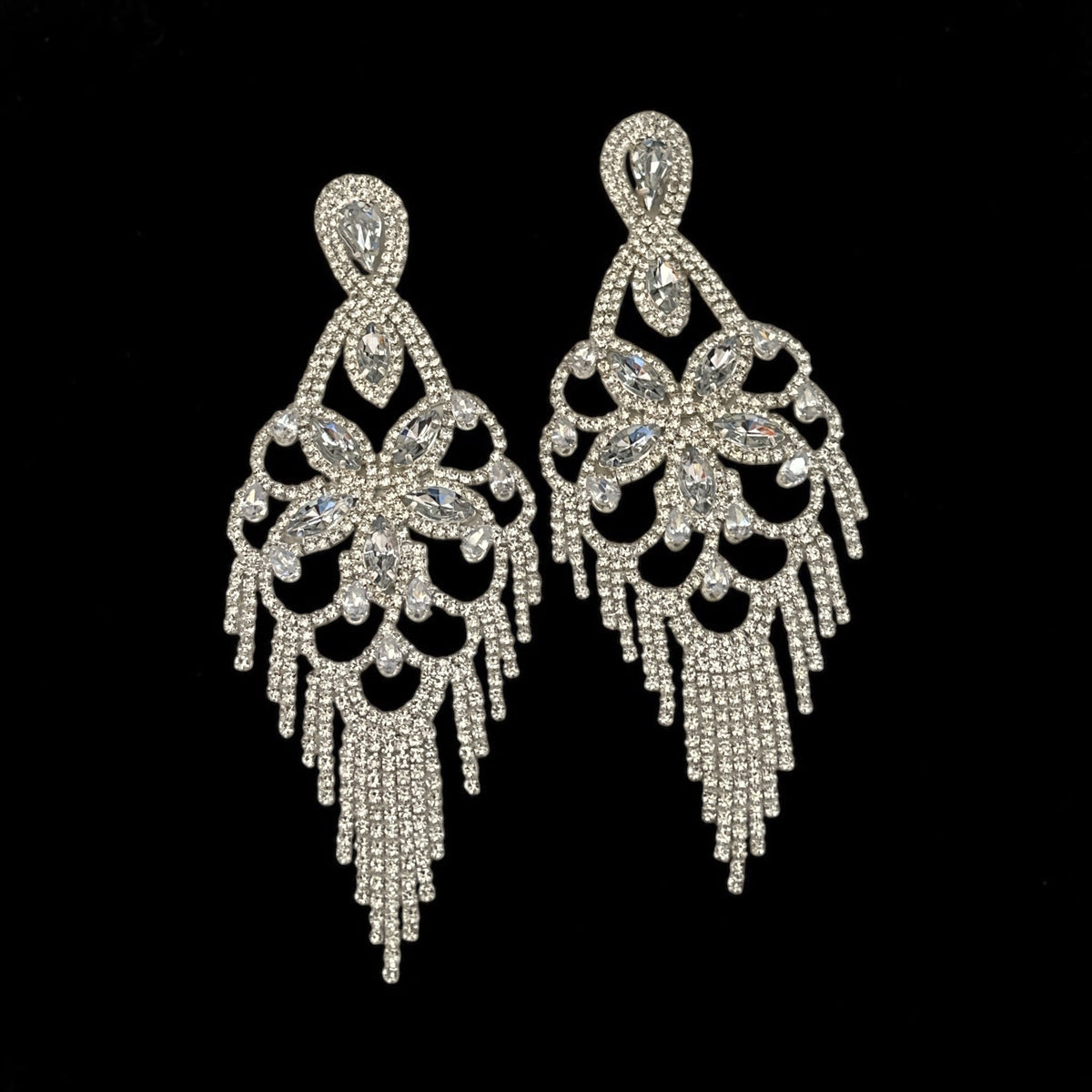 Long Crystal Clear Rhinestone Chandelier Tassel Earrings