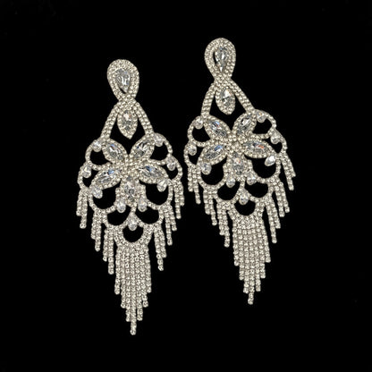 Long Crystal Clear Rhinestone Chandelier Tassel Earrings