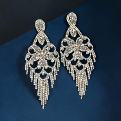 Long Crystal Clear Rhinestone Chandelier Tassel Earrings