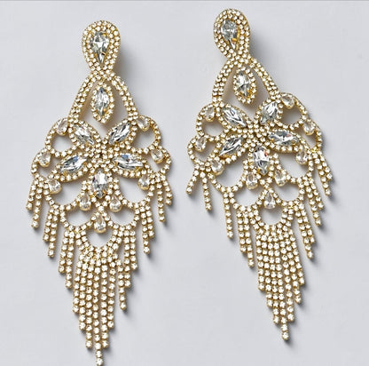 Long Crystal Clear Rhinestone Chandelier Tassel Earrings