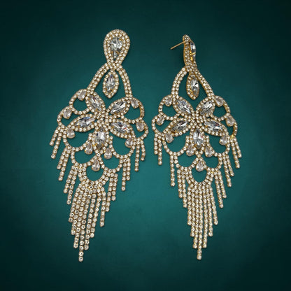 Long Crystal Clear Rhinestone Chandelier Tassel Earrings