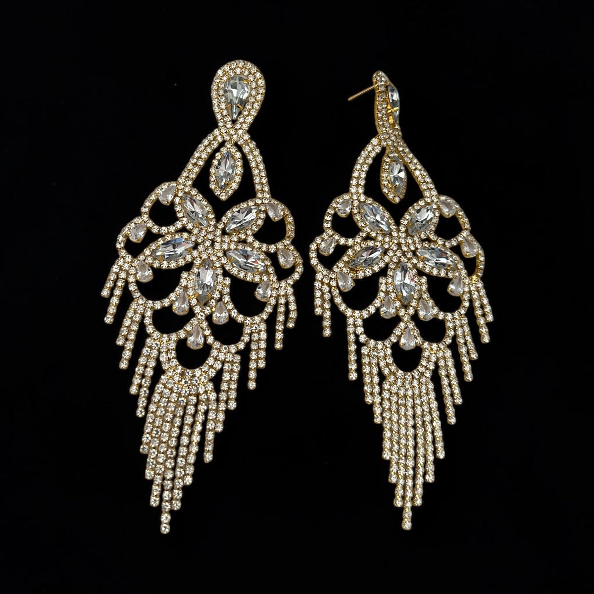 Long Crystal Clear Rhinestone Chandelier Tassel Earrings