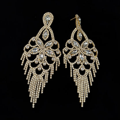 Long Crystal Clear Rhinestone Chandelier Tassel Earrings